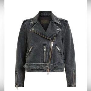AllSaints Black Washed Denim Biker Jacket